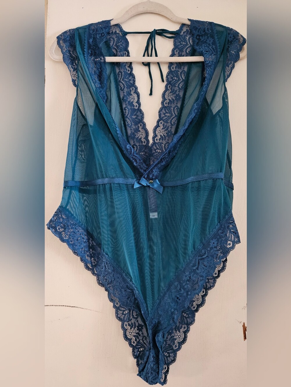 Adore Me 1X Teal Sheer Lace Plunge Teddy Bodysuit Lingerie